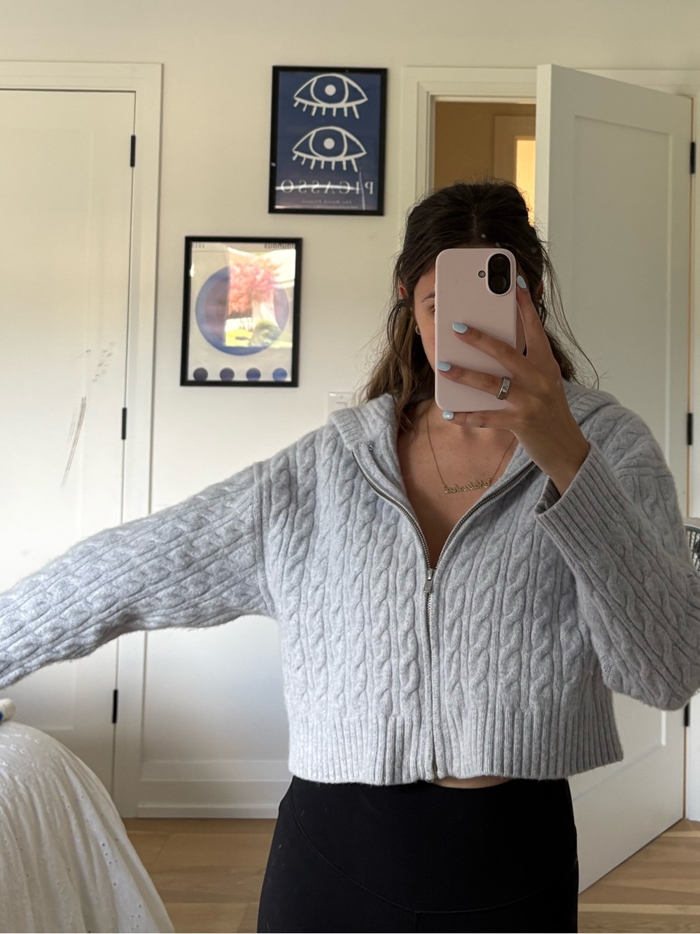 Sunday Best Light Gray Cropped Cable-Knit Zip Cardigan